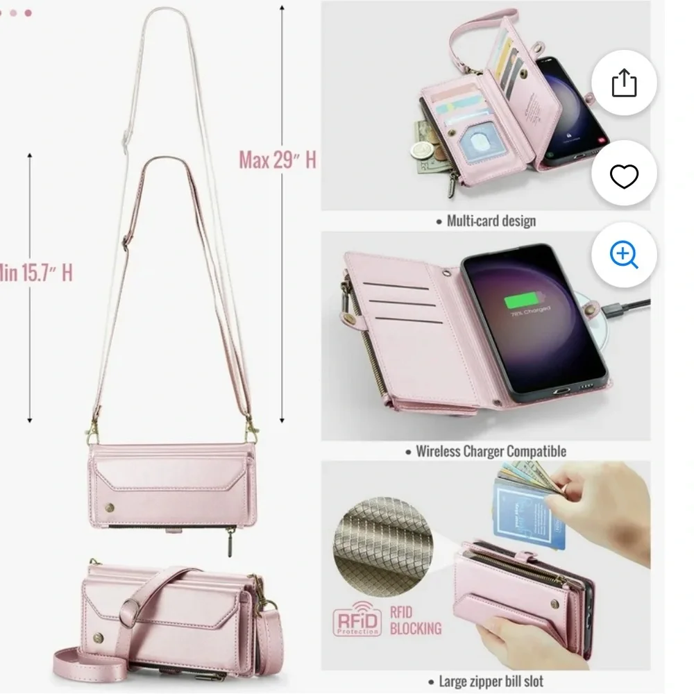 GK Pink Crossbody Phone Wallet with Zipper Pocket & Card Slots. D